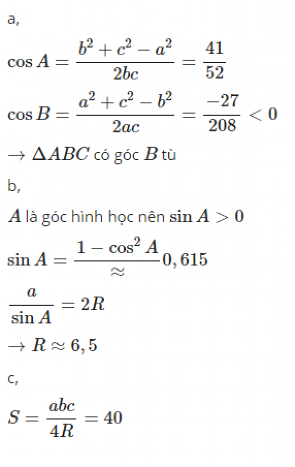 Cho Tam Giác ABC Có A=8, B=10, C=13 A. Tam Giác ABC Có Góc Tù Không?