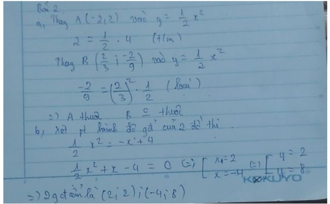 Cho hai hàm số y=1/2 x² và y=-x+4
a) Trong các điểm A(-2;2) B(2/3;-2/9) điểm nào thuộc đồ thị hàm số y=1/2 x²? Vì sao?
b) tìm tọa độ hai giao điển của đồ thị hai hàm số trên.