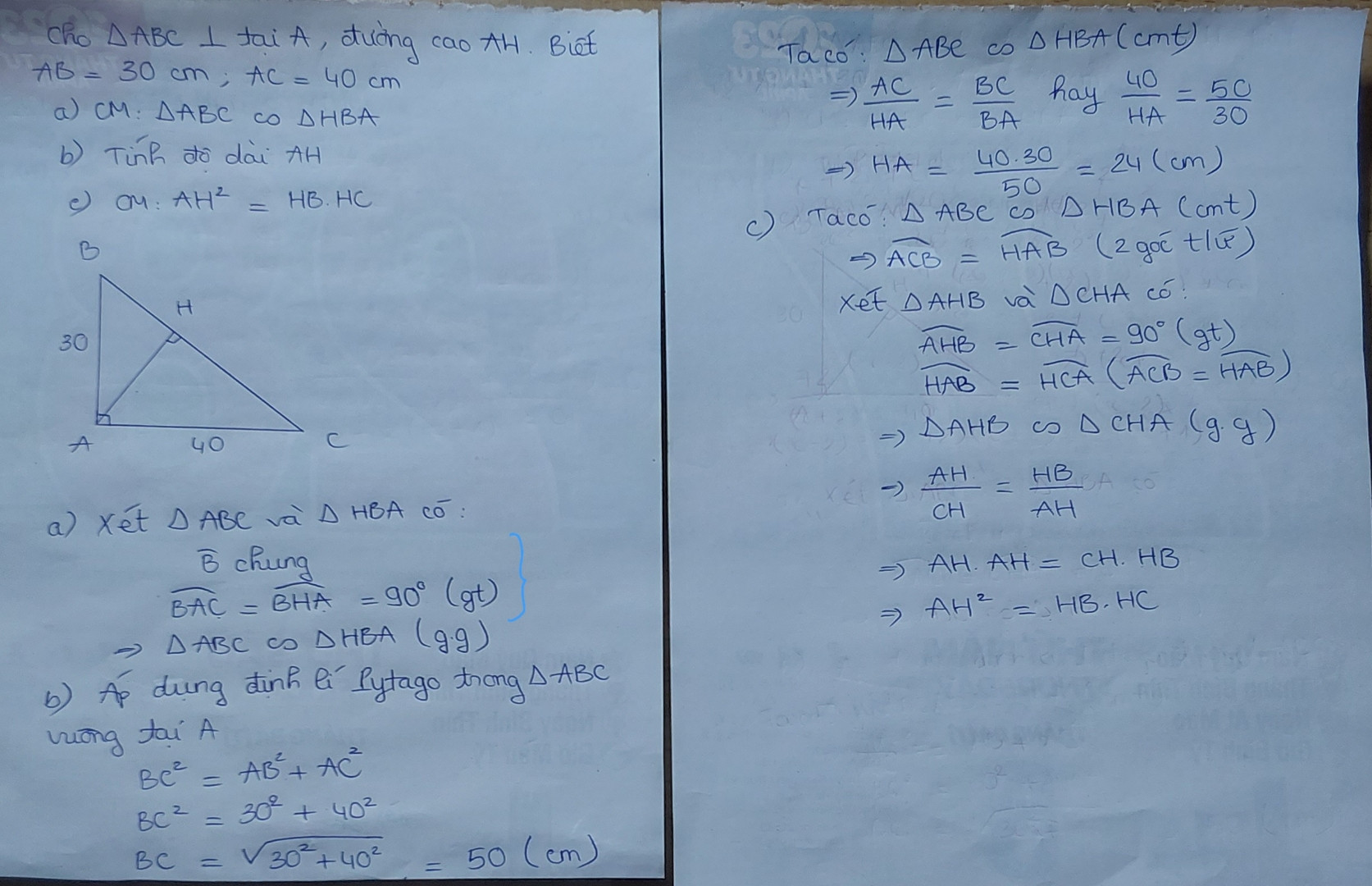 Cho ∆ABC vuông tại A, đường cao AH. Biết AB=30cm, AC=40cm.
a) Chứng minh ∆ABC đồng dạng ∆HBA.
b) Tính độ dài AH 
c) Chứng minh: AH^2 = HB.HC