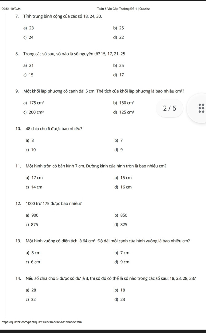 Một hình tròn có bán kính 7 cm. Đường kính của hình tròn là bao nhiêu cm ?
