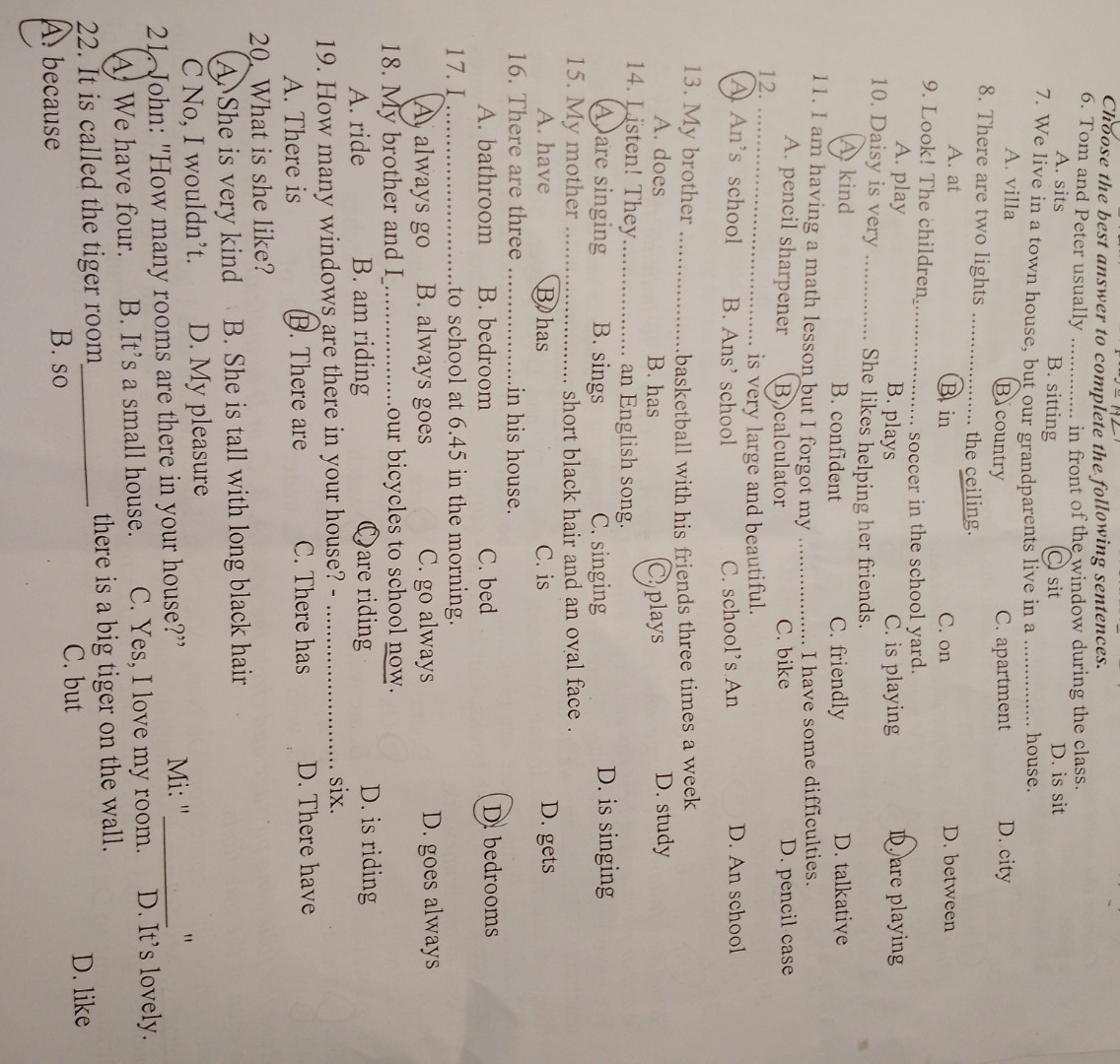 6. Tom and Peter usually in front of the window during the class.A. sits7. We li