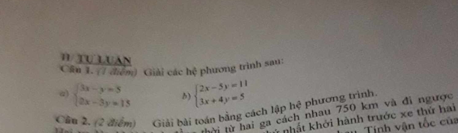Giải các hpt sau 
 a)  3x-y=5.                          b) 2x-5y=11
       2x-3y=15.                          3x+4y=5