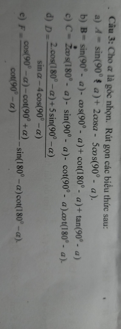 Cho a là góc nhọn. Rút các biểu thức