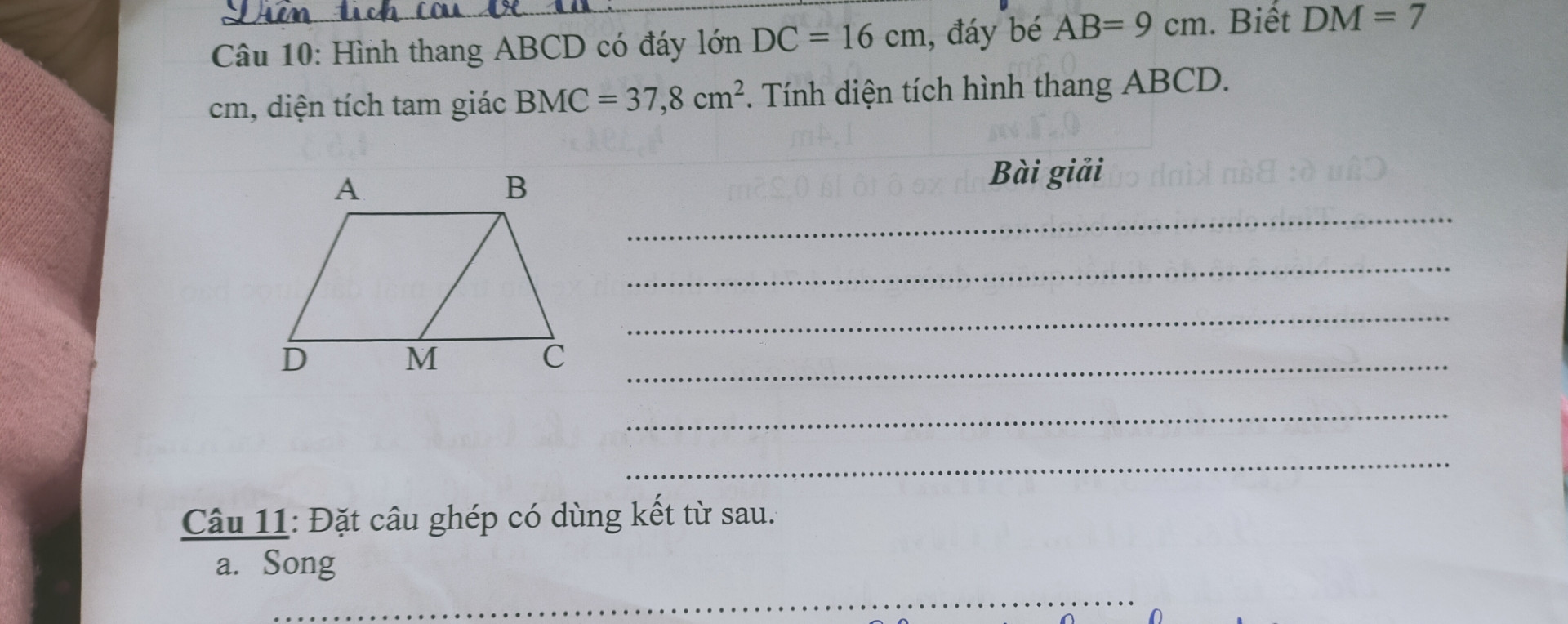 Hình thang ABCD có đáy lớn BC = 16 cm, đáy bé AB = 9 cm. Biết DM = 7 cm, diện tí