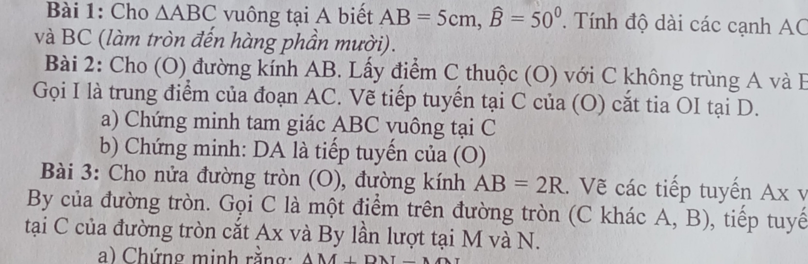 Cho (O) đường kính AB. Lấy điểm C thuộc(O) với C ko trùng A và B. Gọi I là trung điểm của đoạn AC. Vẽ tiếp tuyến của C tại (O) cắt tia OI tại D
a) chứng minh tam giác ABC vuông tại C