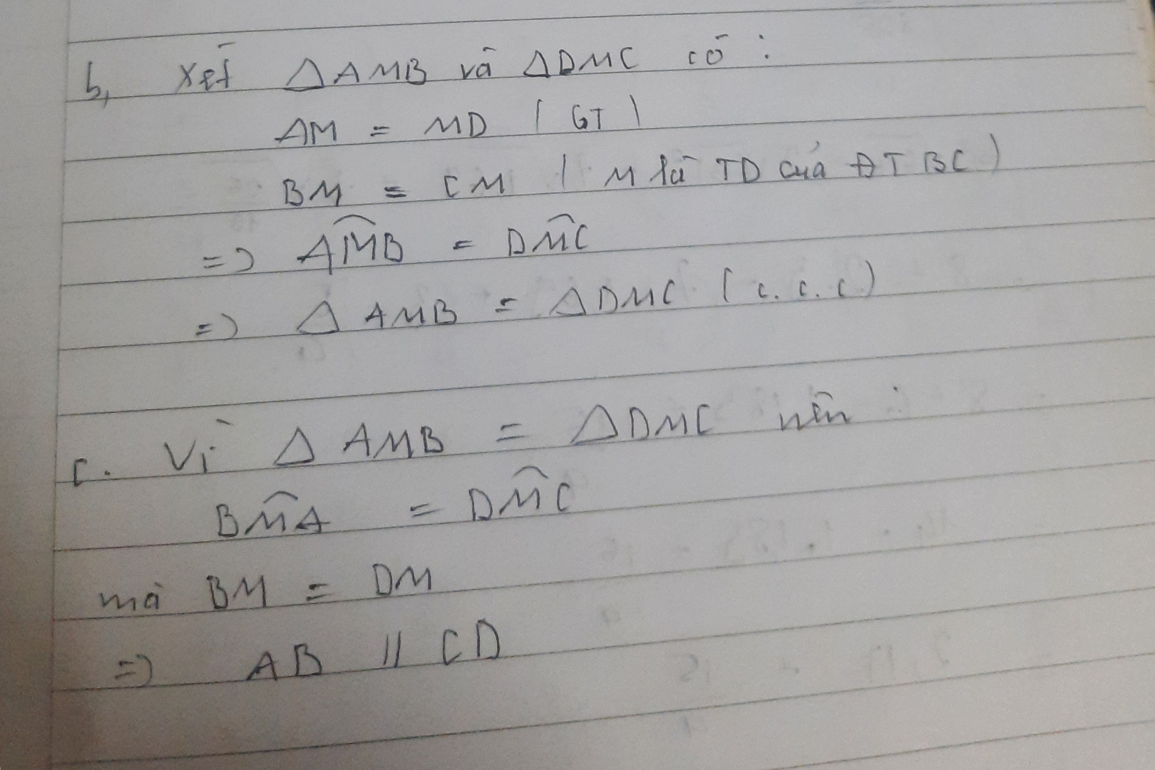 Cho tam giác ABC lấy M là trung điểm của cạnh BC trên tia đối của tia MA lấy điểm D sao cho MA =MD 
a.chứng minh tam giác ABM=tam giác DMC
b,chứng minh AC song song với BD
C, kẻ AH vuông góc với DC,DK vuông góc với BC,HK thuộc BC chứng minh BK=CH
d, gọi I là trung điểm của A vẽ điểm E sao cho I là trung điểm của BE chứng minh C là trung điểm của DE