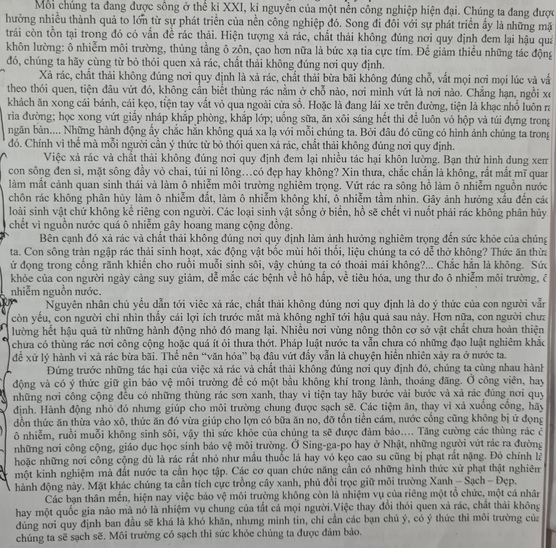 Viết bài luận thuyết phục các bạn học sinh từ bỏ thói quen xả rác bừa bãi trong trường học