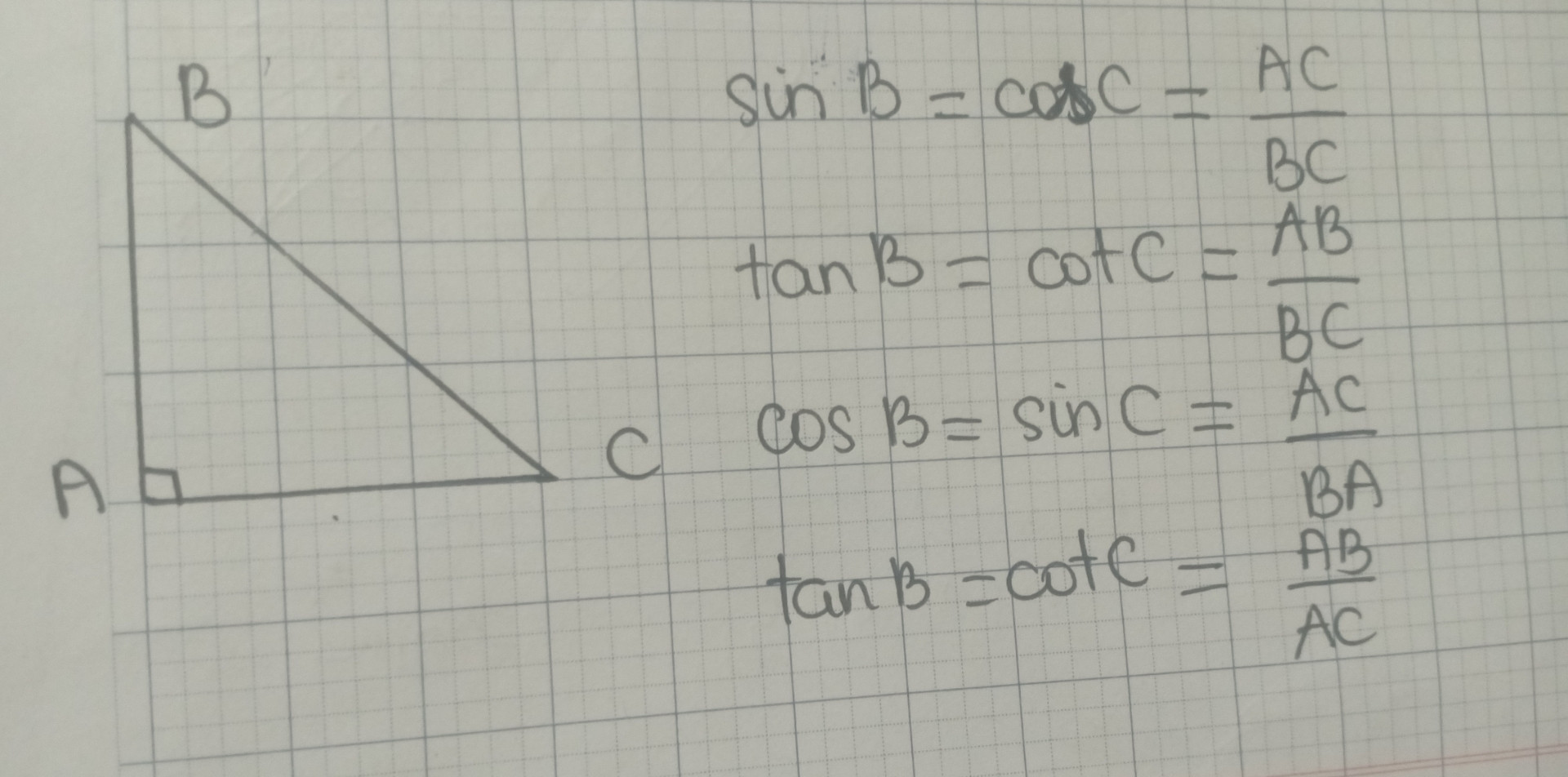 Cho tam giác ABC vuông tại A .Hãy viết tỉ số lượng giác của B và C