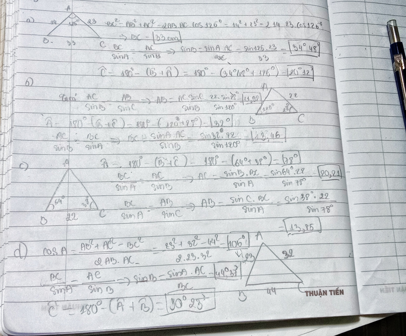 Giải tam giác ABC trong các trường hợp sau:a) AB = 14, AC = 23, A = 125°;c) AC =