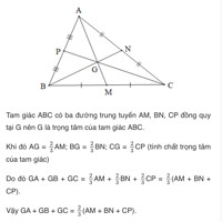 Cho tam giác ABC.Ba đường trung tuyến AM,Bn,CP đồng quy tại G.Chứng minh:
GA+GB+GC=2/3(AM+Bn+CP)