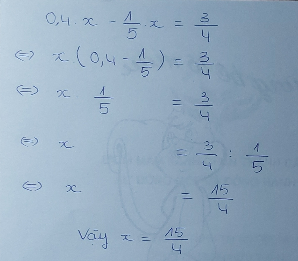 Tìm x biết:
0,4•x-1/5•x=3/4