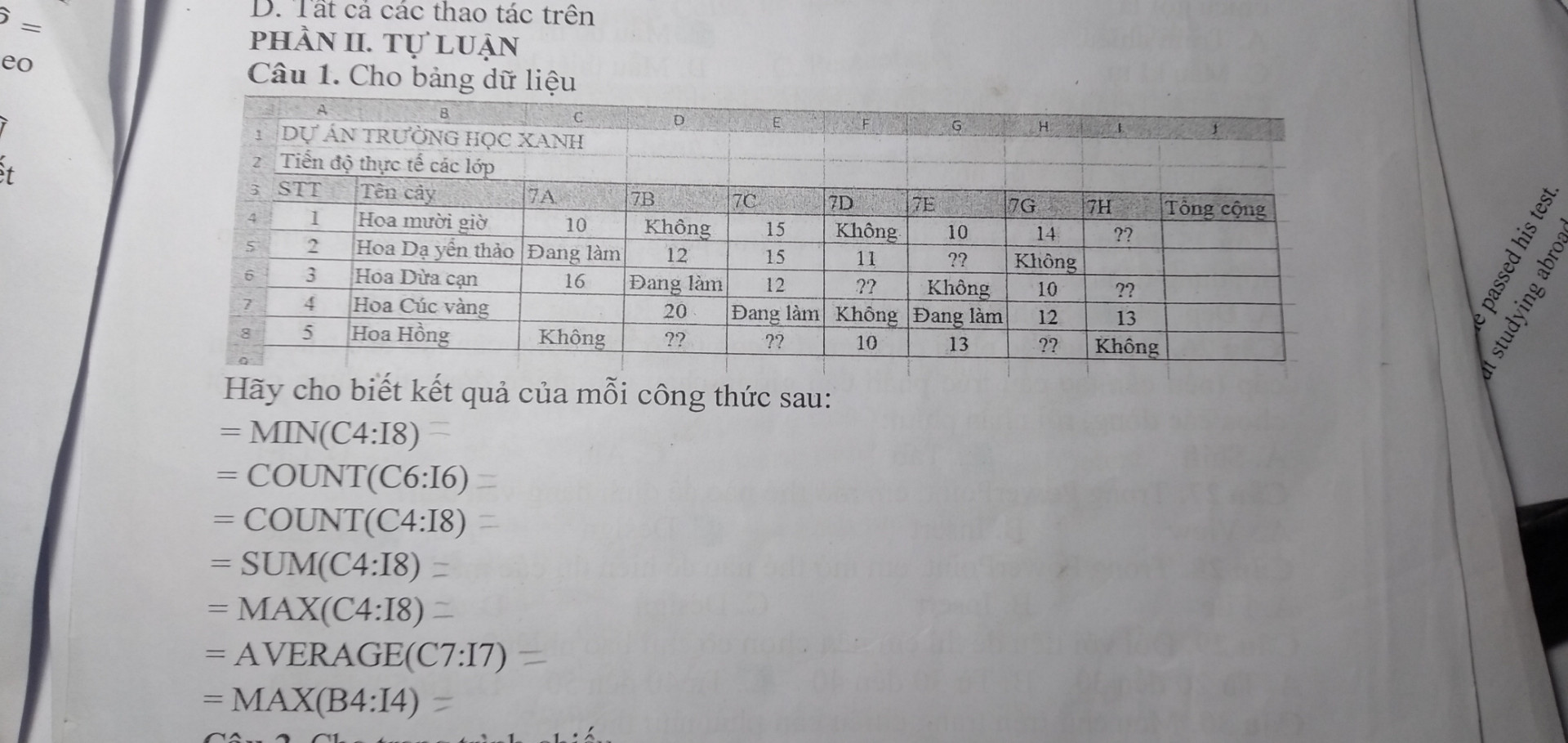 Cho bảng dữ liệu: Hãy cho biết kết quả của công thức =MIN(C4:I4)