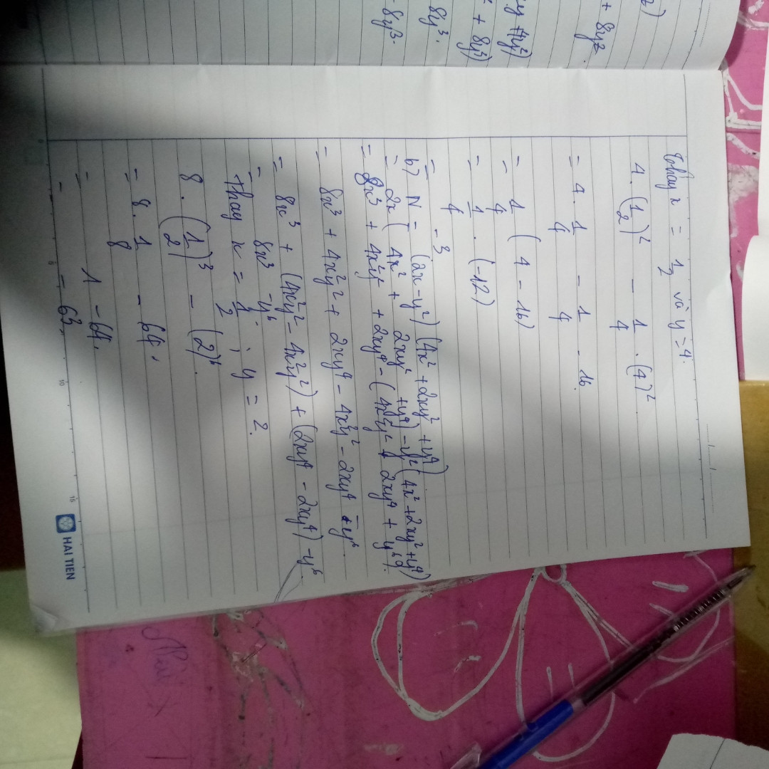bài 1: thực hiện phép nhân a, M=(2x³y).(x²-2y+1)b, N=(2xy³-4y-8x).(1/2y) c, P=x²