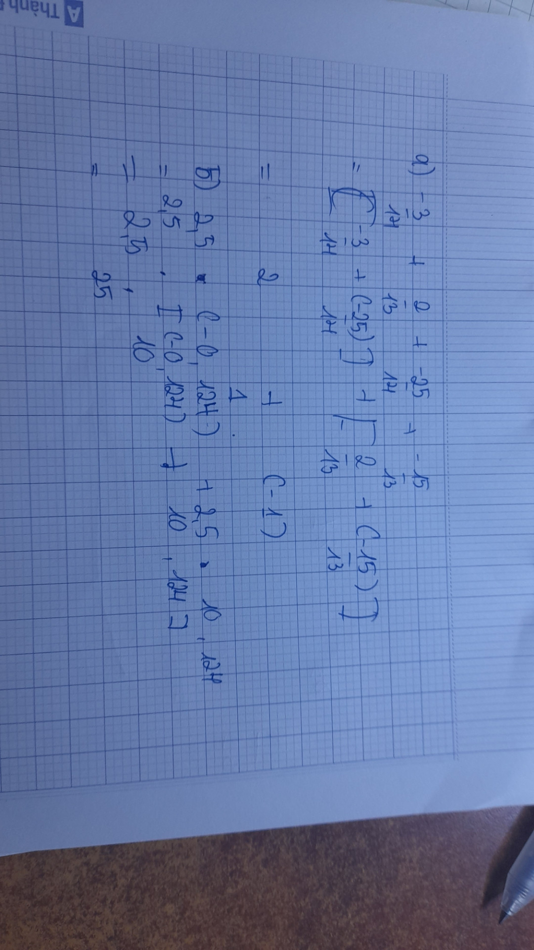Tính một cách hợp lí :a) -314+213+-2514+-1513b) 2,5×(-0,124)+2,5×10,124