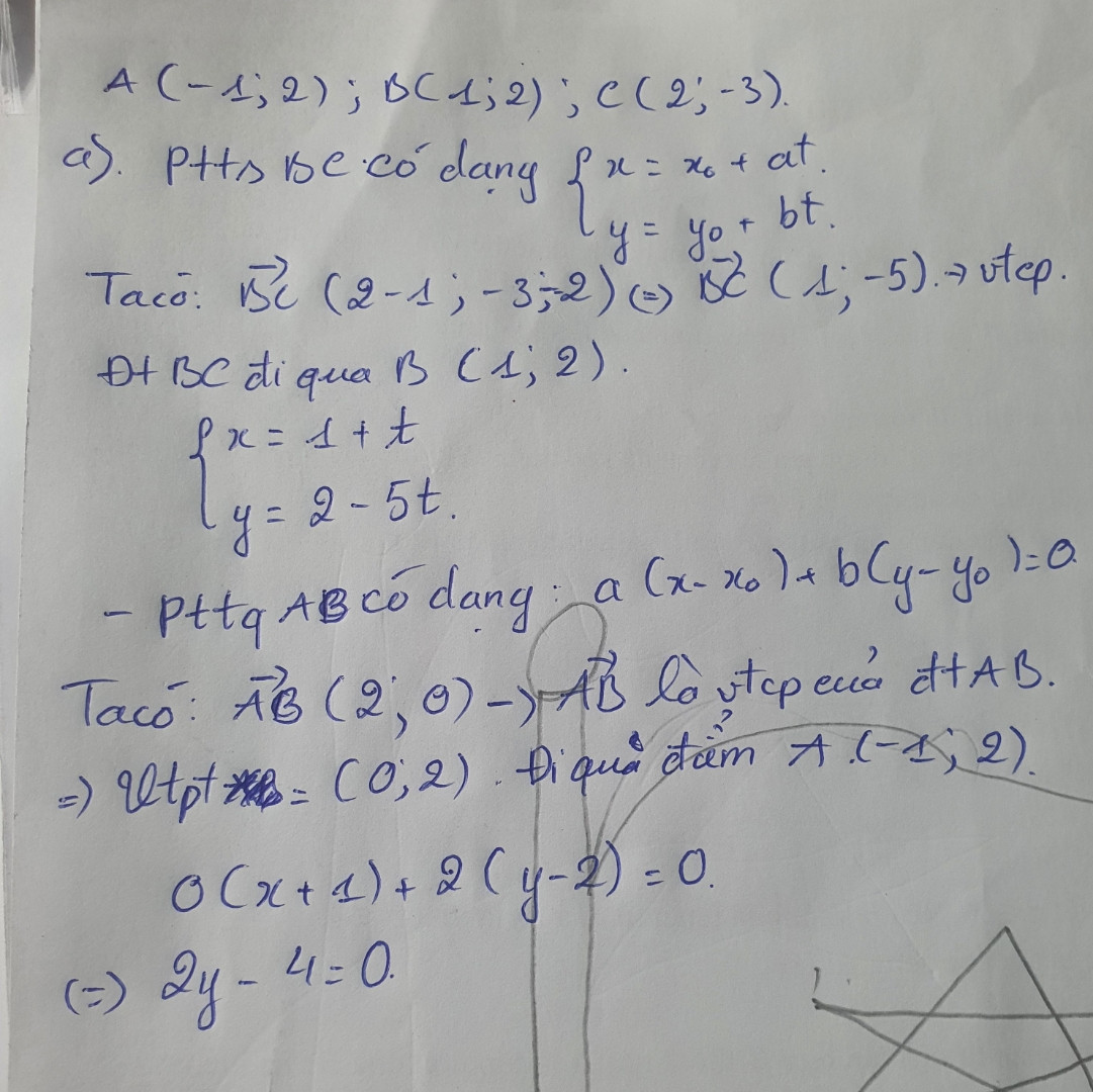 trong mặt phẳng tọa độ oxy, cho tam giác biết  A  (-1,2) B (1,2) C(2;-3) a viết...