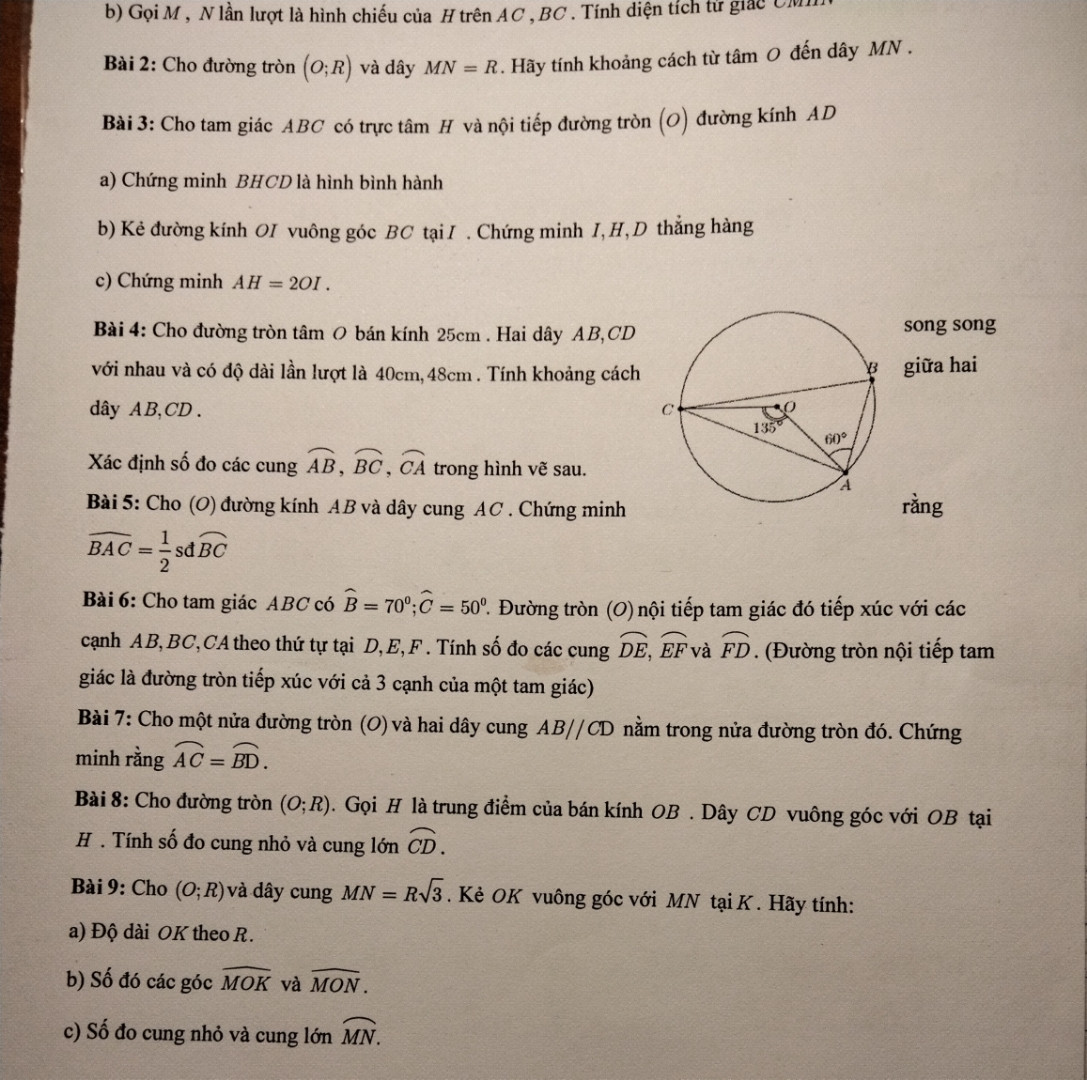 Cho đường tròn (O;R) và dây MN=R  hãy tính khoảng cách từ tâm O đến dây MN