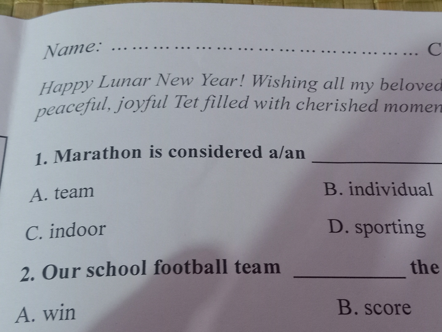 Masathon is considered a/an .......sport 
A
Bà
C
D