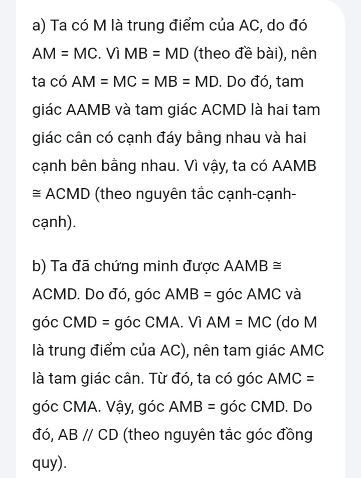 Câu 16 (3 điểm):

Cho ∆ABC nhọn có AB < AC. Gọi M là trung điểm của cạnh AC. Trên tia đối của tia MB lấy điểm D sao cho MB = MD

a) Chứng minh AAMB = ACMD

b) Chứng minh AB//CD

c) Lấy điểm I thuộc đoạn AB, điểm K thuộc đoạn CD sao cho BI = DK Chứng minh 3 điểm I, M, K thẳng hàng