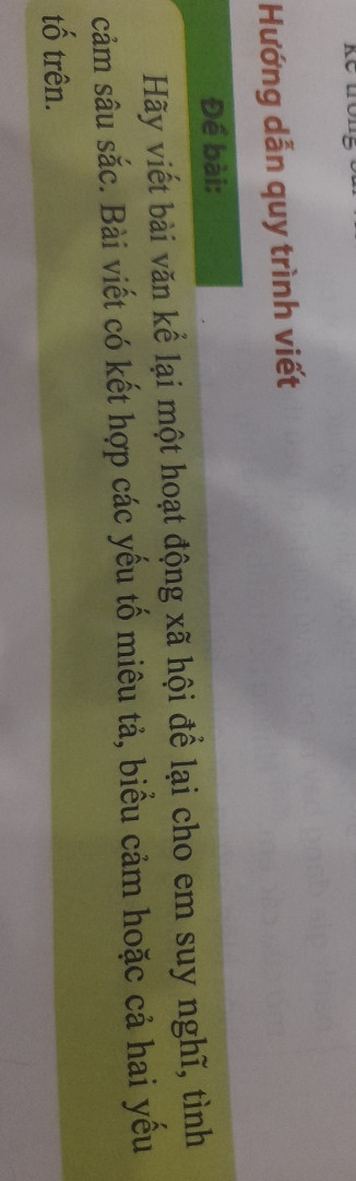 Viết bài văn kệ lại 1 hoạt động xã hội để lại cho em suy nghi tình cảm sâu sắc bài viết kết hơp các yếu tô miêu tả. Biểu cảm hoặc cả hai yếu tô trên