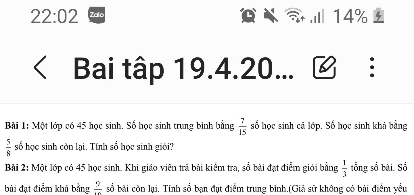 Một lớp có 45 học sinh.số học sinh trung bình bằng 715 số học sinh cả lớp. Số họ