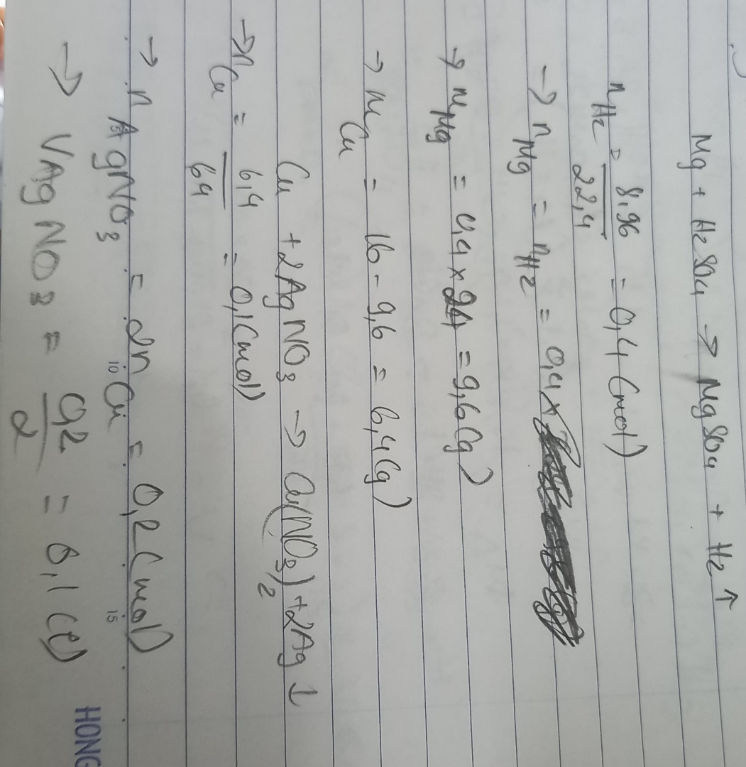 Cho 16g hỗn hợp hai kim loại mg cứ vào ddH2SO4 loãng dư ngta thu được 8.96lít khí (đktc)
a.   Viết PTHH 
b.    Tính khối lượng mỗi kim loại trong hỗn hợp
c.     Sau khi phản ứng kết thúc lọc được chất rắn A.cho A tác dụng hết với dd AgNO3 2M. Tính thể tích dd AgNO3 cần dùng?