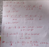 Cho tam giác a=15;b=13;c=16 a)tính cos a;   cos b;cos s b)tính diện tích tam giác ABC R; S