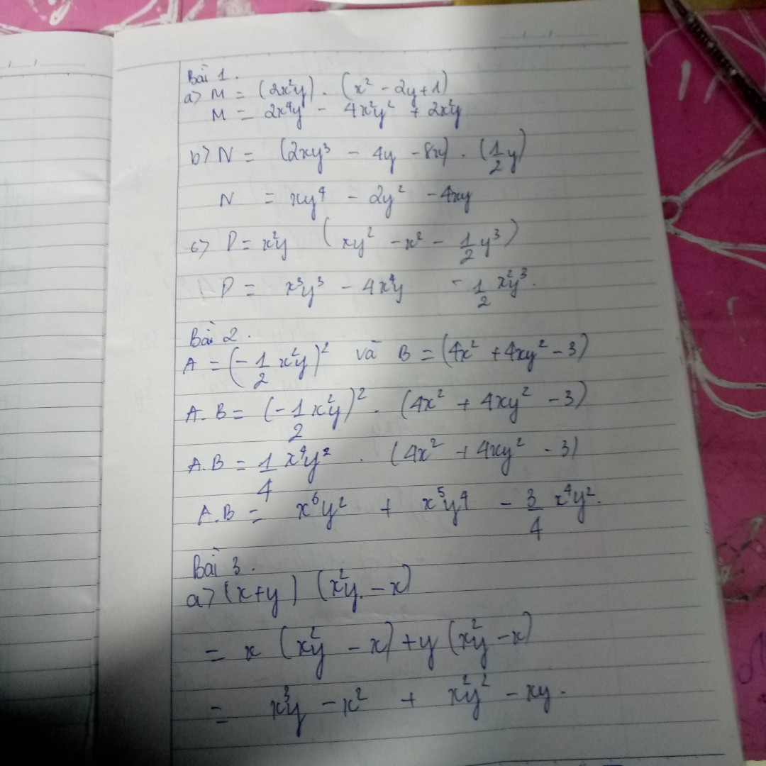 bài 1: thực hiện phép nhân a, M=(2x³y).(x²-2y+1)b, N=(2xy³-4y-8x).(1/2y) c, P=x²