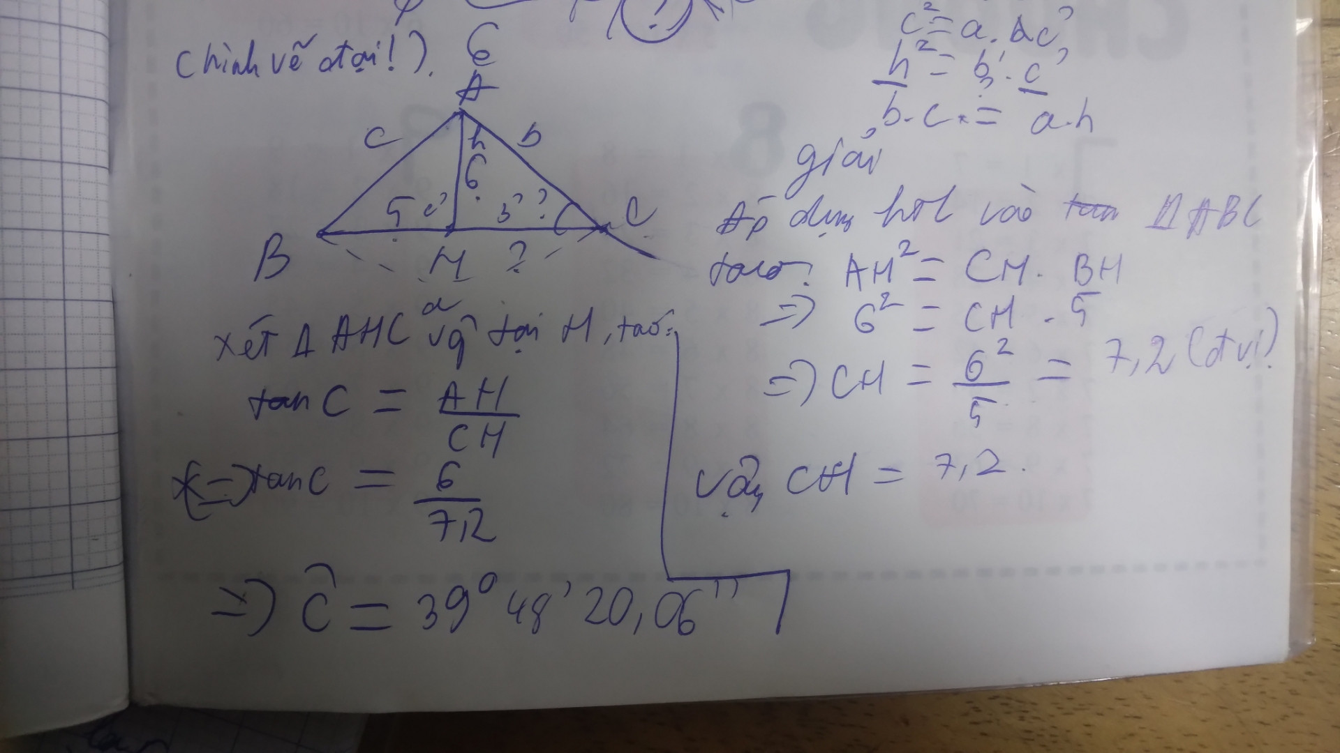 Cho tâm giác abc đc ah,có ah=6,bh=5 tính ch và góc c