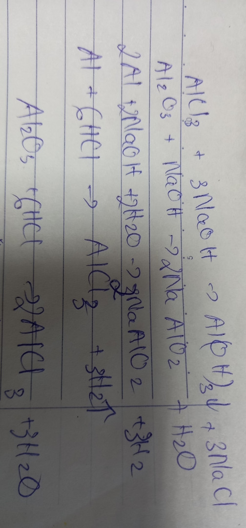 Cho các chất sau: Al,Al2O3 ,AlCl3 chất nào tác dụng với dung dịch: HCl,NaOH với phương trình hóa học