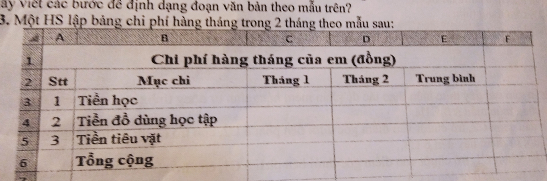Một Hs lập bảng chi phí hàng tháng trong 2 tháng theo mẫu sau 
-Em hãy nhập công thức hoặc hàm để:
+Tính tổng chi phí của mỗi tháng vào các ô tương ứng trong hàng tổng cộng 
+Tính trung bình chi phí tiền học của 2 tháng, nhập vào ô E3
-Nêu cách lưu bảng tính với tên tệp là: Chi_phi_hang_thang