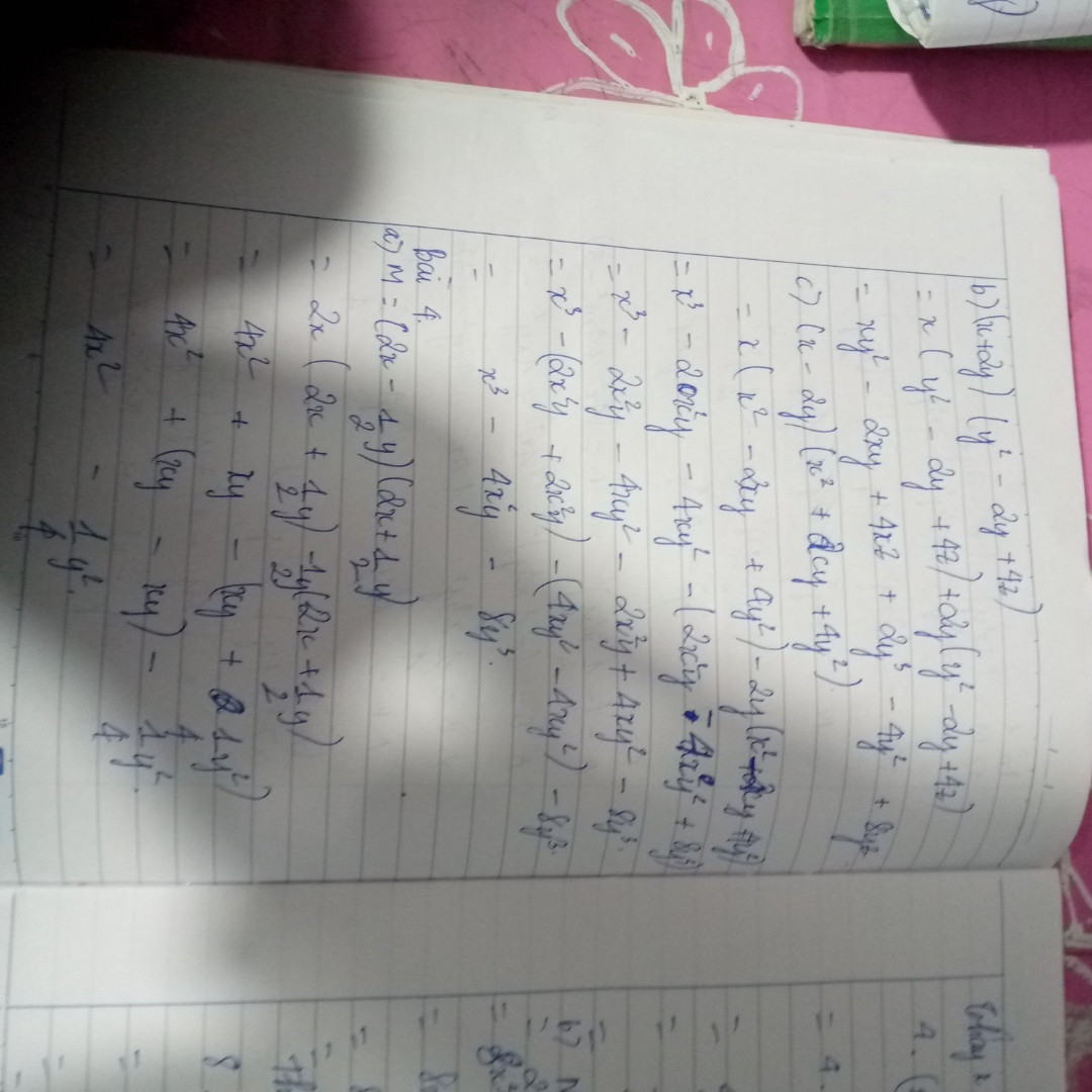 bài 1: thực hiện phép nhân a, M=(2x³y).(x²-2y+1)b, N=(2xy³-4y-8x).(1/2y) c, P=x²