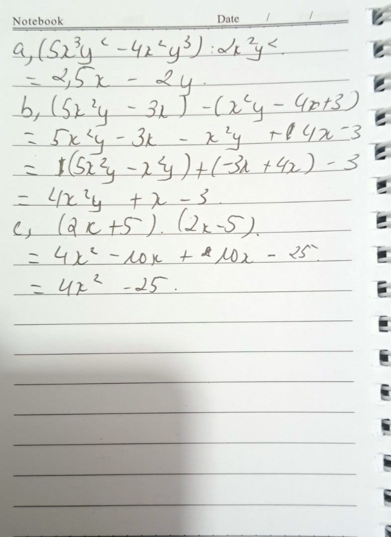 Câu 1. Thực hiện phép tínha)    (5x3y2 – 4x2y3) : 2x2y2 b)   (5x2y  – 3x) – (