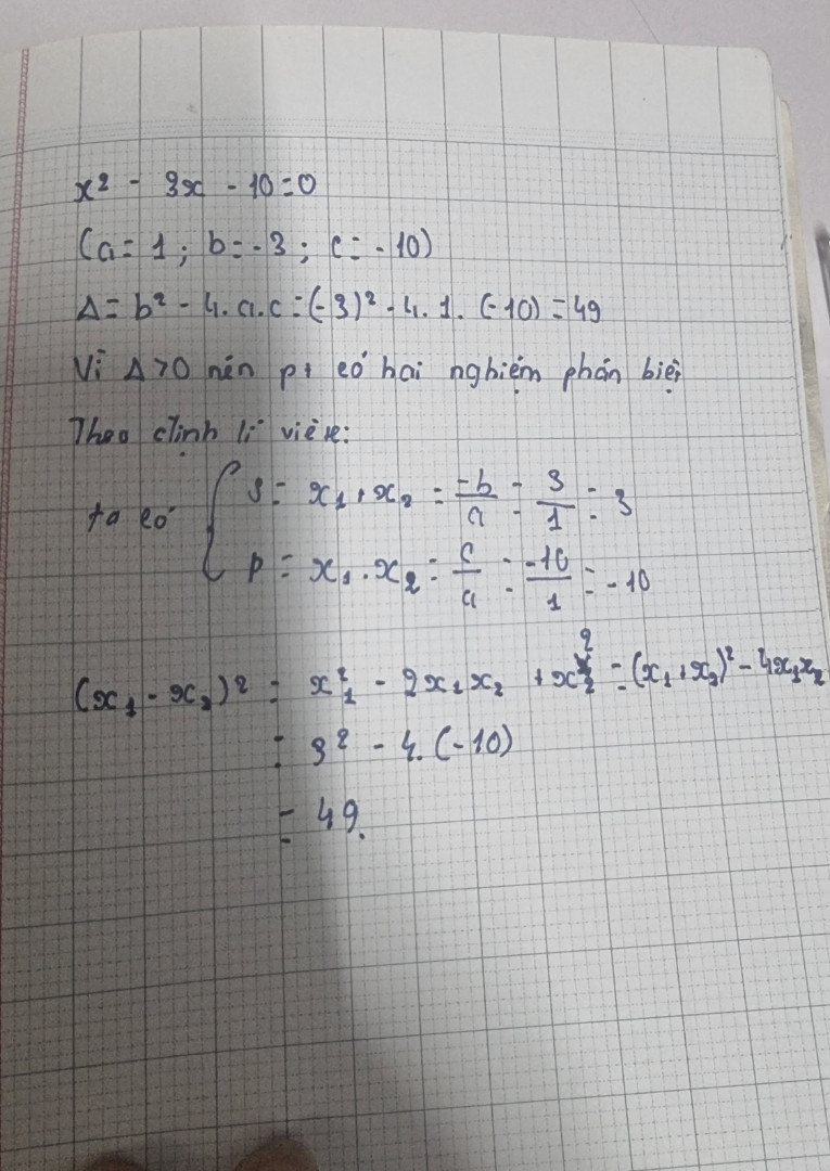 Cho phương trình:x² - 3x-10=0Không giải phương trình tính giá trị biểu thức:(x1