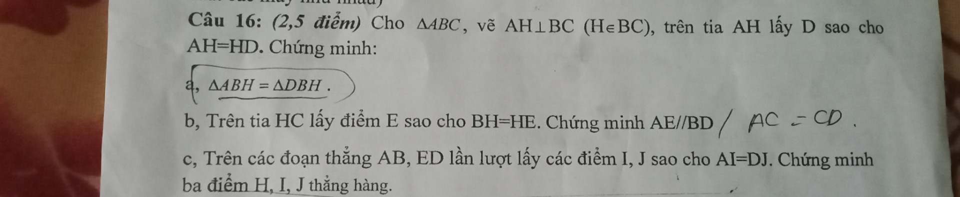 Trên tia HC lấy điểm E sao cho BH=HE. Chứng minh AE//BD