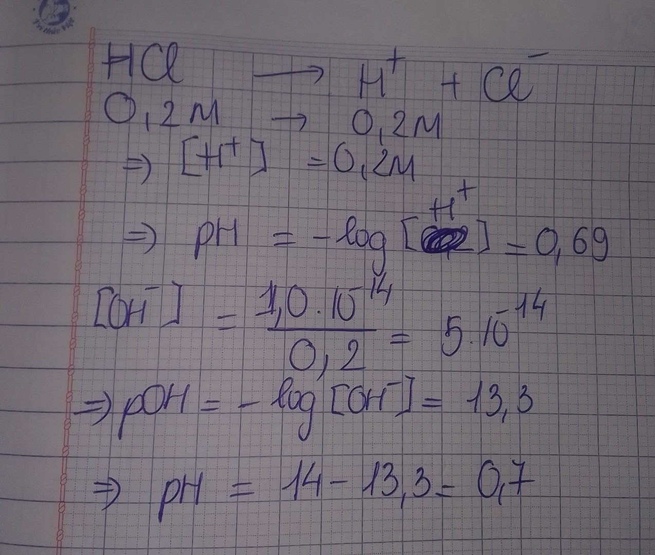 Tính nồng độ H+ , OH - và ph của các dd
a.dd HCL 0,2M