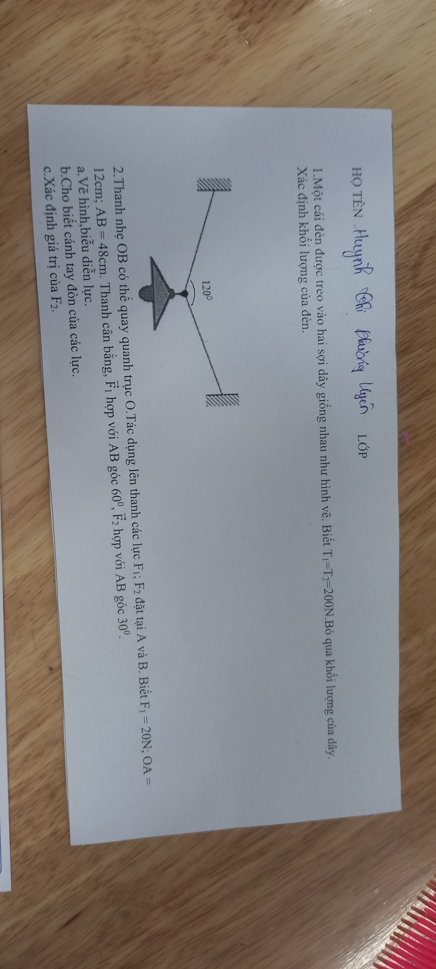 Một cái đèn được treo vào hai sợi dây giống nhau như hình vẽ.biết t1=t2=200n .bỏ qua khối lượng của dây .xác định khối lượng của đèn