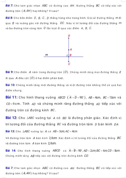 Cho tam giác nhọn ABC có đường cao AH đường thẳng BC có tiếp xúc với đường tròn (A;AH) hay không ? Vì sao?