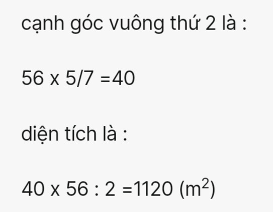 Bài 11: Một miếng đất hình tam giác vuông có các cạnh góc vuông thứ nhất dài 56m, cạnh góc vuông thứ hai bằng5/7  cạnh góc vuông thứ nhất. Tính diện tích miếng đất.