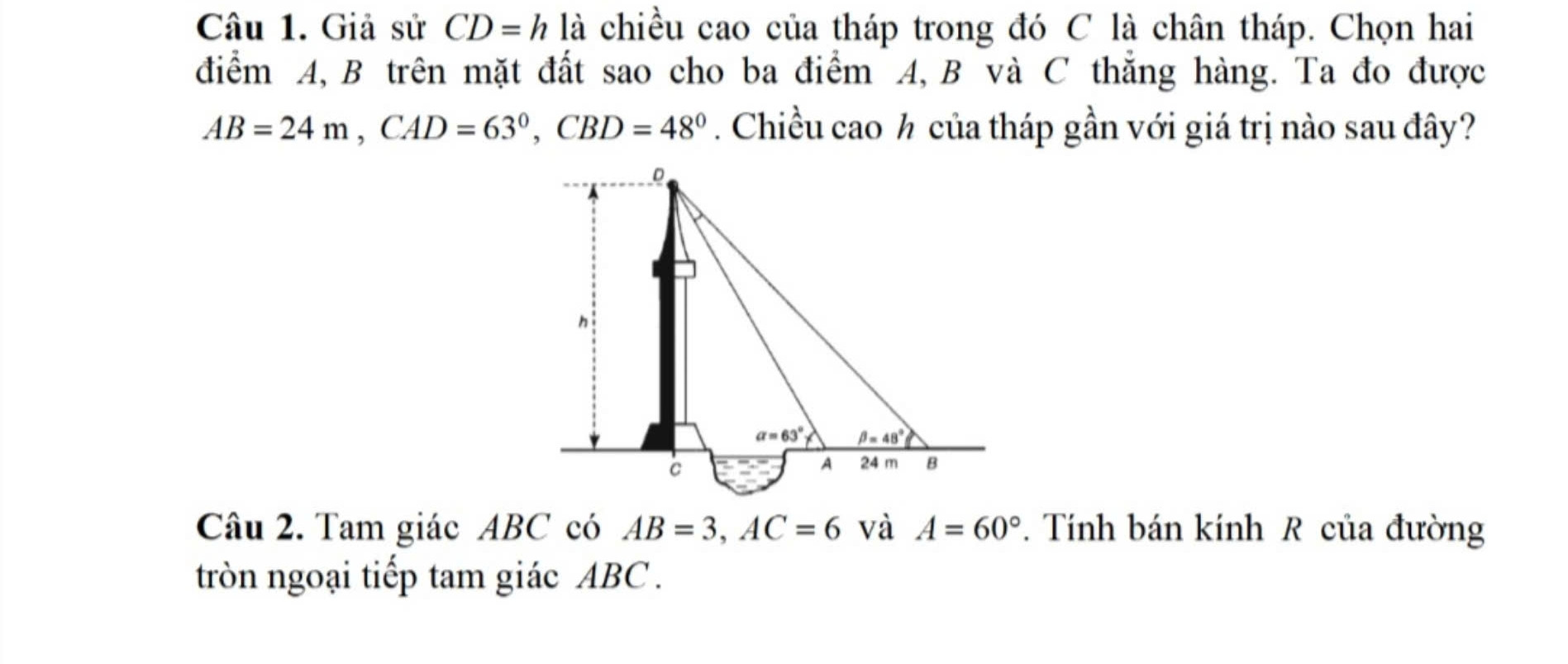 Câu 1 : giả sử CD=h là chiều cao của tháp trong đó C là chân lý tháp.Chọn hai đi