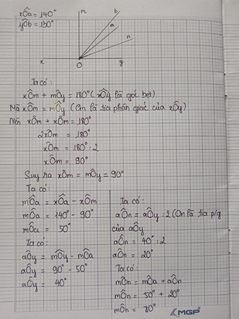 Cho góc bẹt xOy. Trên cùng một phía của xy, vẽ các tia Oa, Ob sao cho góc xOa =...