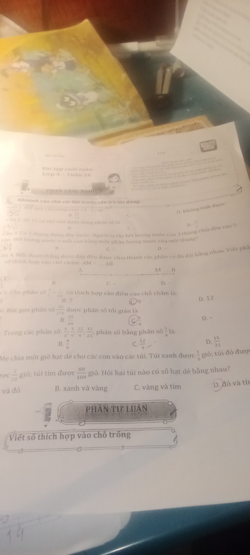 Mỗi đoạn thẳng dưới đây đều được chia thành các phần có độ dài bằng nhau viết phân số thích hợp vào chỗ chấm am = .AB |-|-|-|-|-|-|