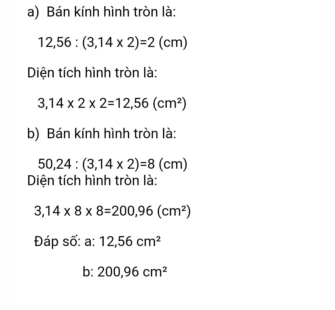 A: tính S hình tròn có chu vi = 12,56 cm ; B : tính S hình tròn có chu vi = 50,24