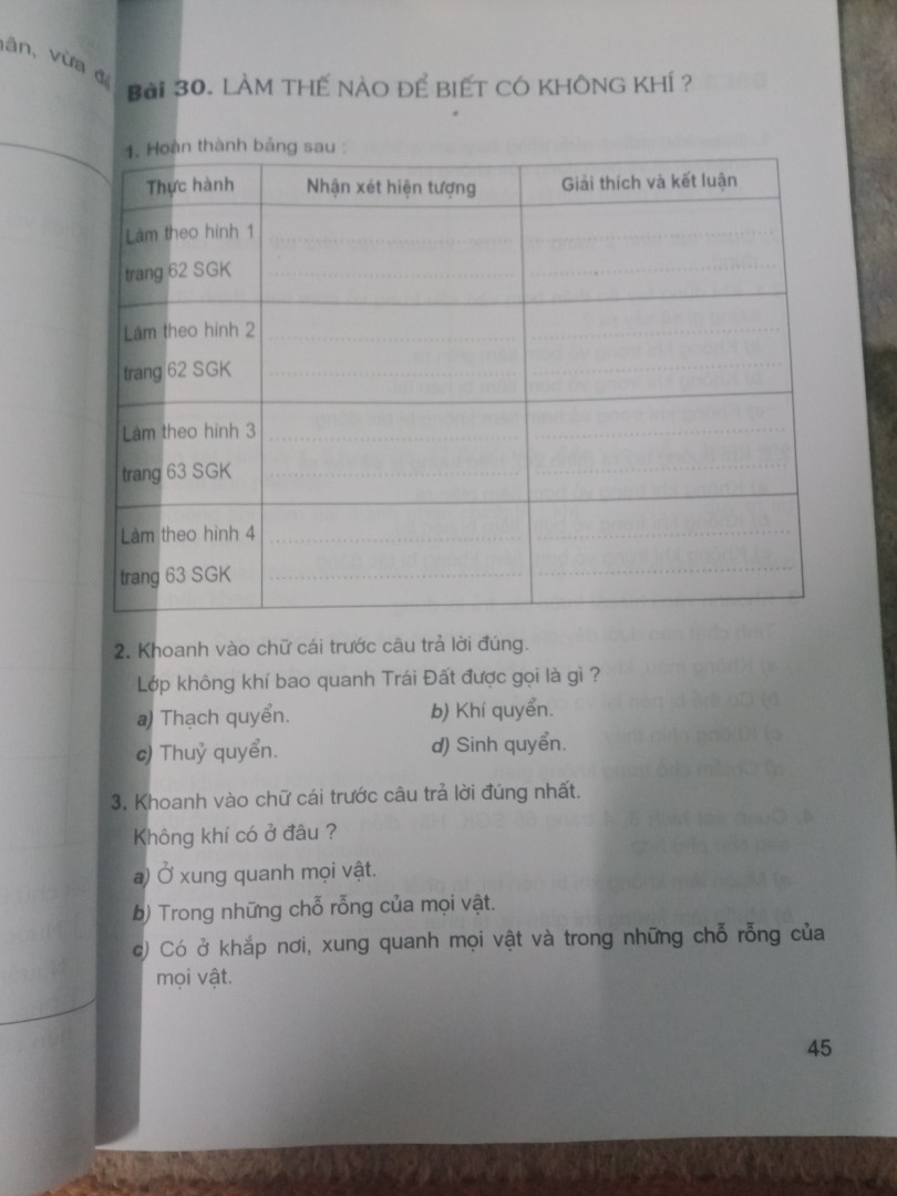 Giải cho tôi bài tập khoa học lớp 4 bài 30 Làm thế nào để biết có không khí?