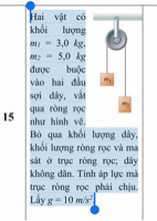 Hai vật có
khối lượng
m1 = 3,0 kg,
m2 = 5,0 kg
được buộc
vào hai đầu
sợi dây, vắt
qua ròng rọc
như hình vẽ.
Bỏ qua khối lượng dây, khối lượng ròng rọc và ma sát ở trục ròng rọc; dây không dãn. Tính áp lực mà trục ròng rọc phải chịu. Lấy g = 10 m/s2.