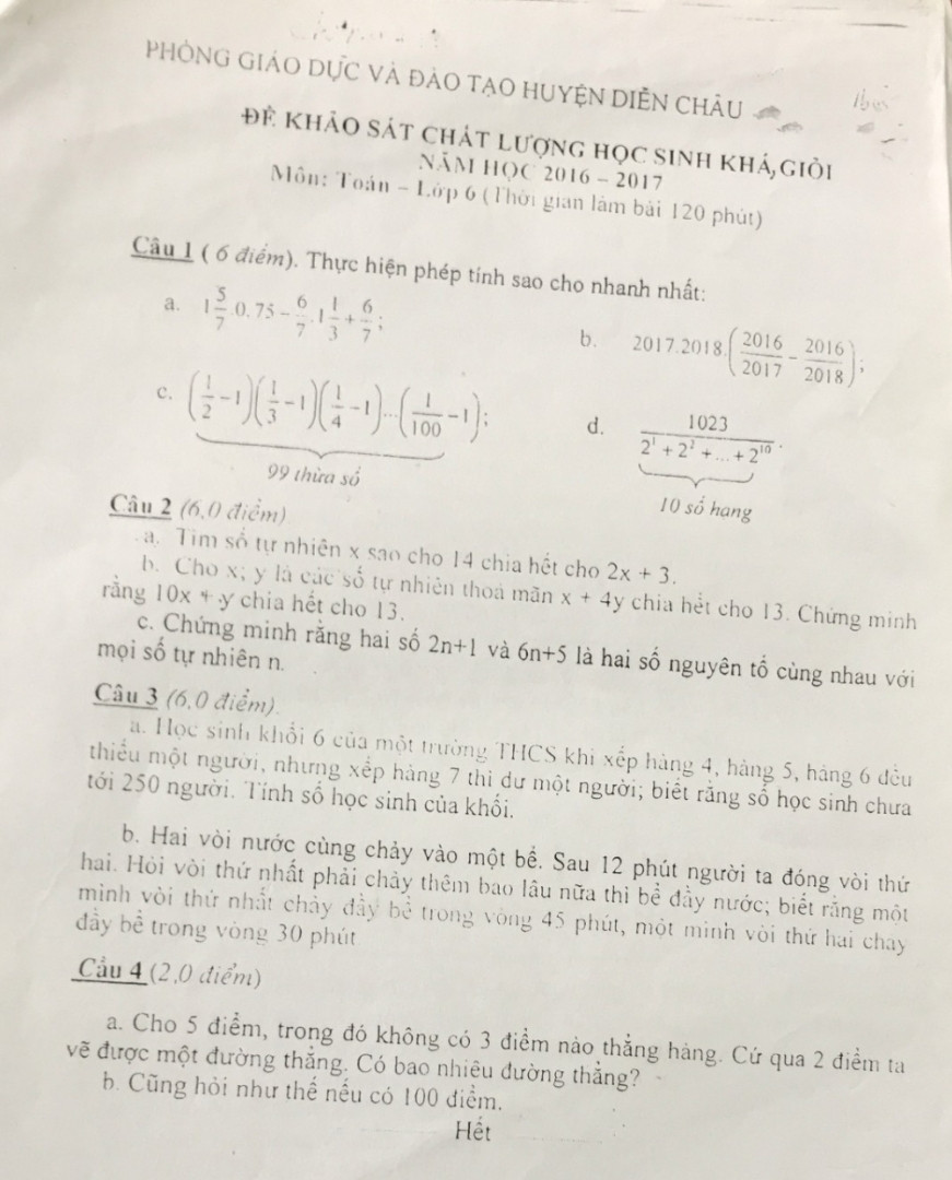 Câu 1: Thực hiện phép tính sao cho nhanh nhất 
b, 2017.2018.(2016/2017-2016/2018)
c,(1/2-1)(1/3-1)(1/4-1)...(1/100-1) {99 thừa số}
d, 1023/2¹+2²+2¹⁰ { 10 số hạng}