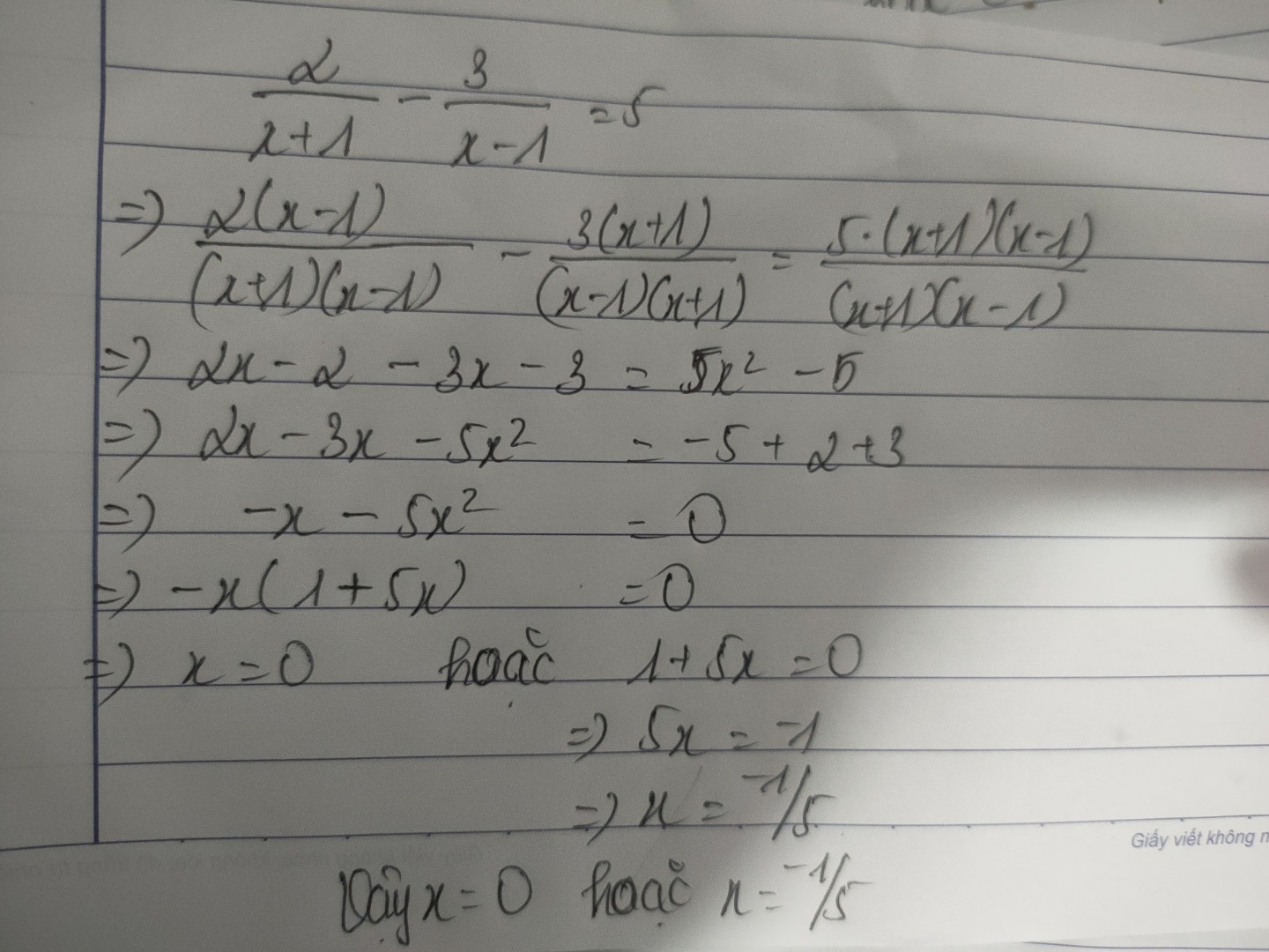 2/(x + 1) - 3/(x - 1) = 5