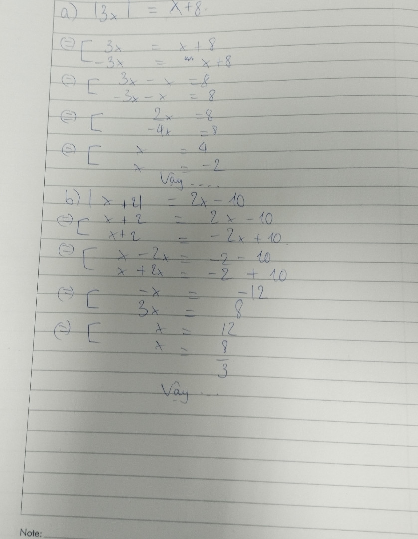Giải PT

a)  |3x| = x + 8
b) |x + 2| = 2x - 10