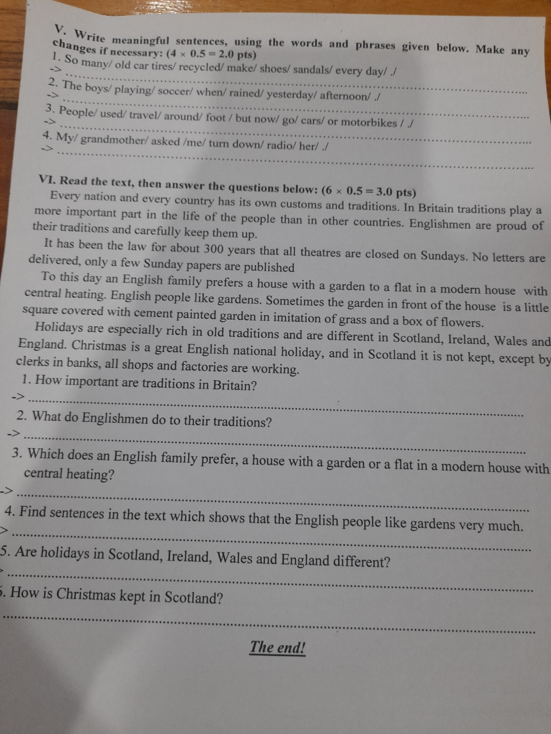 III. Make sentences using the words and phrases given. 1)My father/buy/car/when/he/be/thirty/./......................................2)If/he/not eat/breakfast/he/be/hungry/./.......................................3)We/shouldn't/throw/rubbish/the street/./.......................................4)What time/you/go/gym/yesterday/?/.......................................5)He/never/meet/her/before /./......................................(Giúp mik vs ạ)
