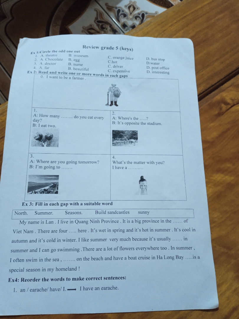 1.
A:How many....... do you eat every day? 
B: I eat tow 
2.
A:where’ s the......?
B: It's opposite the stadium
3.
A:where are you going tomorrow?
B:I'm going to .........
4.
A:what's the matter with you?
B:I have a.........