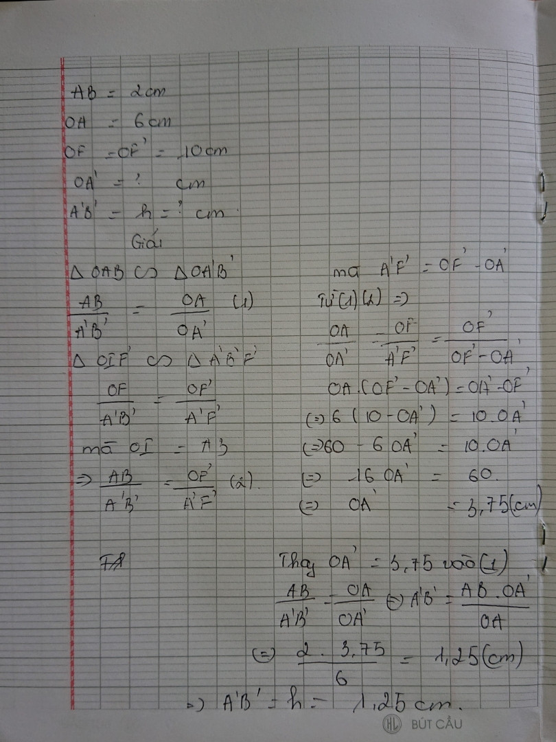 Một vật sáng AB đặt vuông góc với trục chính của một thấu kính phân kỳ có tiêu c...